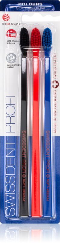 Swissdent Profi Colours periuțe de dinți soft-mediu black, red, blue 3 buc