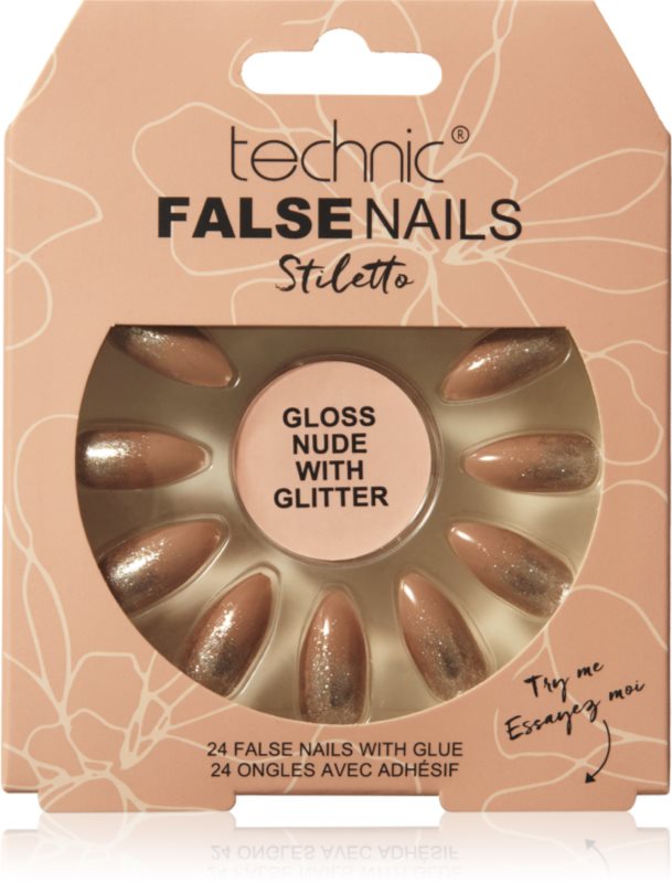 Technic Cosmetics False Nails Stiletto unghii artificiale Gloss Nude with Glitter 24 buc