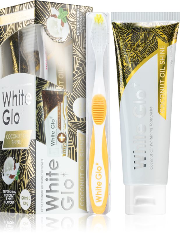 White Glo Coconut Oil Shine pasta de dinti cu efect innalbitor cu pensula Coconut and Mint Flavour 150 g