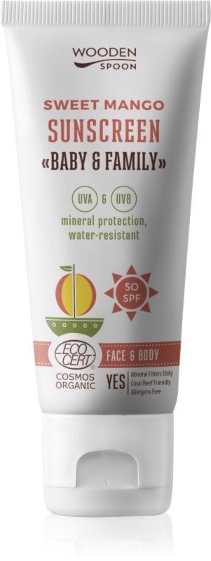 WoodenSpoon Baby & Family Sweet Mango loțiune cu protecție solară pentru toată familia SPF 50 100 ml