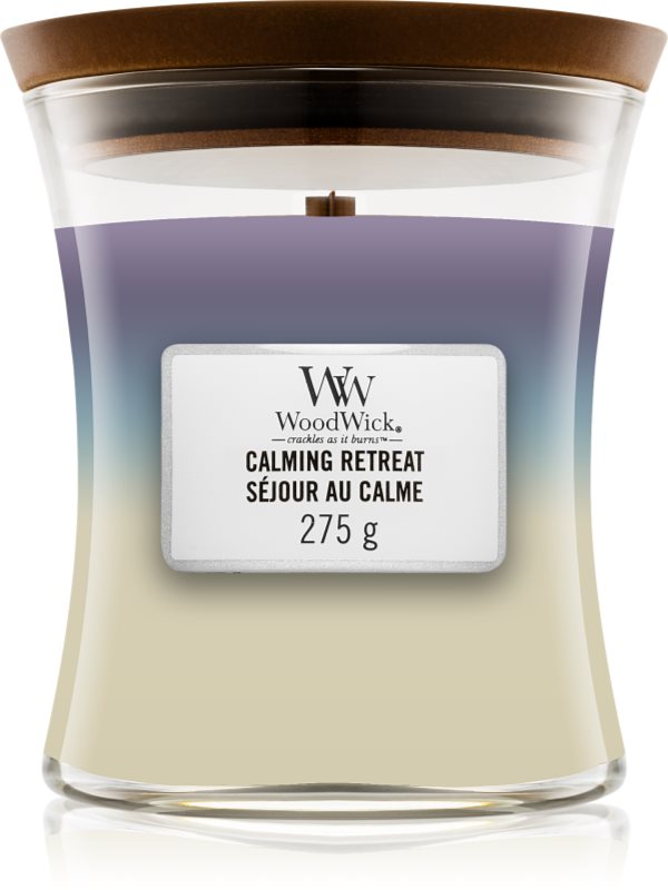 Woodwick Trilogy Calming Retreat lumânare parfumată cu fitil din lemn