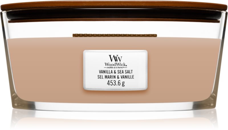 Woodwick Vanilla & Sea Salt lumânare parfumată cu fitil din lemn (hearthwick) 453.6 g