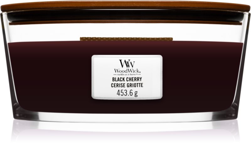 Woodwick Black Cherry lumânare parfumată cu fitil din lemn (hearthwick) 453 g