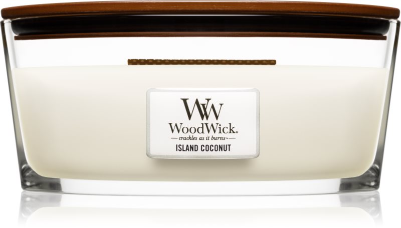 Woodwick Island Coconut lumânare parfumată cu fitil din lemn (hearthwick) 453 g