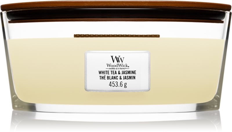 Woodwick White Tea & Jasmine lumânare parfumată cu fitil din lemn (hearthwick) 453.6 g