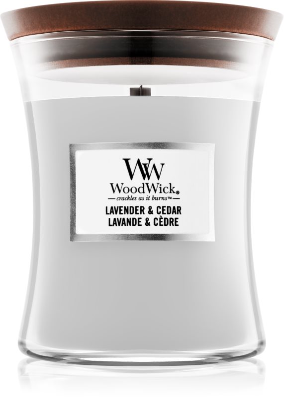 Woodwick Lavender & Cedar lumânare parfumată cu fitil din lemn