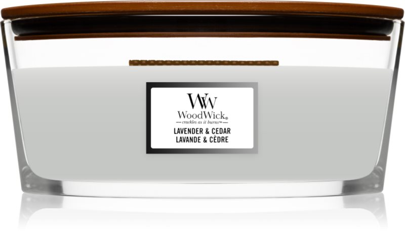 Woodwick Lavender & Cedar lumânare parfumată cu fitil din lemn (hearthwick) 453.6 g