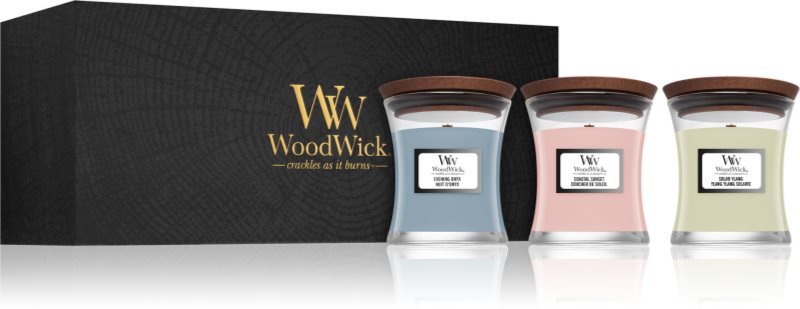 Woodwick Evening Onyx & Solar Ylang & Coastal Sunset set cadou cu fitil din lemn (gift box) 1 buc