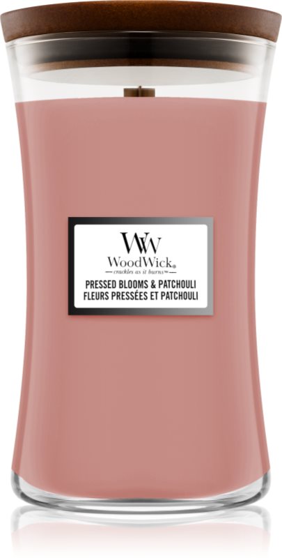 Woodwick Pressed Blooms & Patchouli lumânare parfumată cu fitil din lemn 609.5 g
