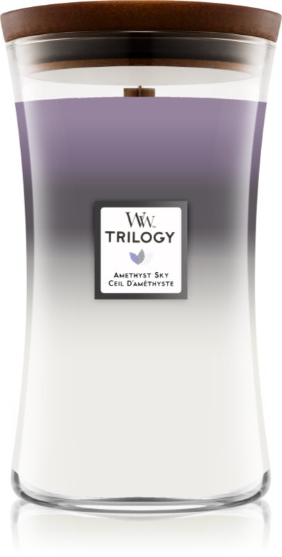 Woodwick Trilogy Amethyst Sky lumânare parfumată cu fitil din lemn 609.5 g