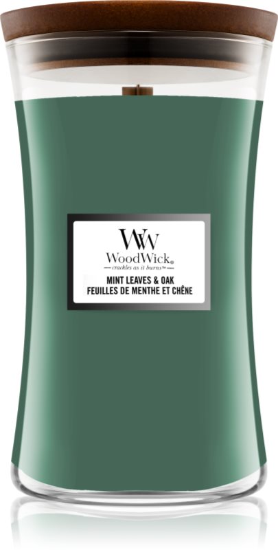 Woodwick Mint Leaves & Oak lumânare parfumată cu fitil din lemn 609.5 g