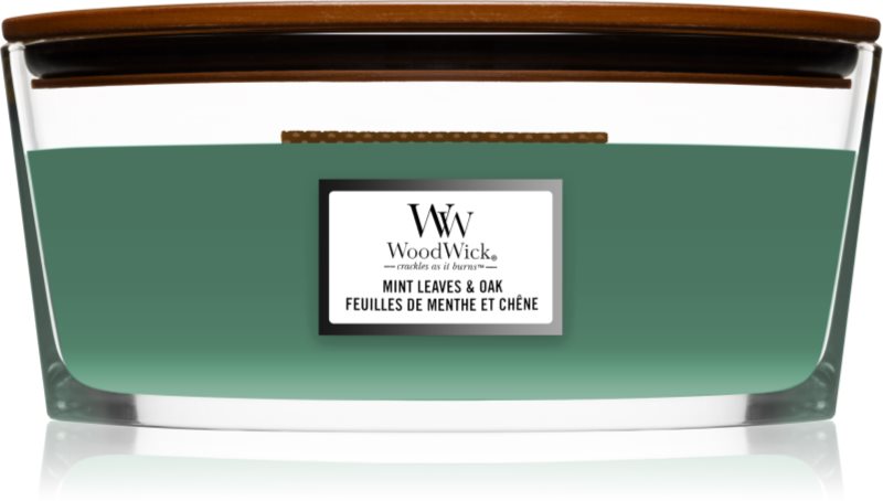 Woodwick Mint Leaves & Oak lumânare parfumată cu fitil din lemn (hearthwick) 453.6 g