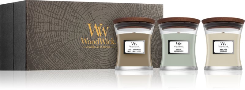 Woodwick Fireside + White Teak + Sand & Driftwood set cadou 3x85 g