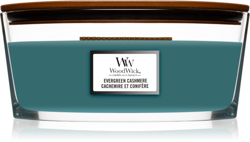 Woodwick Evergreen Cashmere lumânare parfumată cu fitil din lemn (hearthwick) 453,6 g
