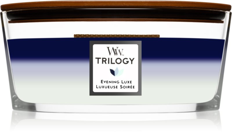 Woodwick Trilogy Evening Luxe lumânare parfumată cu fitil din lemn (hearthwick) 453.6 g