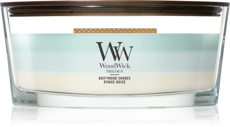 Woodwick Trilogy Driftwood Shores lumânare parfumată cu fitil din lemn 453.6 g