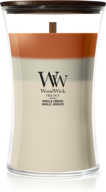 Woodwick Trilogy Vanilla Embers lumânare parfumată cu fitil din lemn