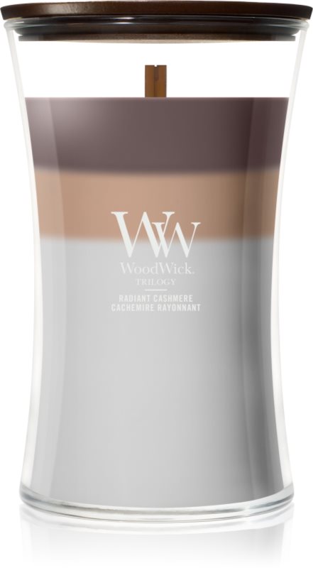Woodwick Trilogy Radiant Cashmere lumânare parfumată cu fitil din lemn
