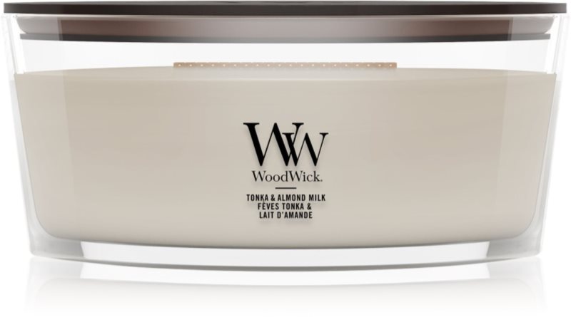 Woodwick Tonka & Almond Milk lumânare parfumată cu fitil din lemn 453.6 g