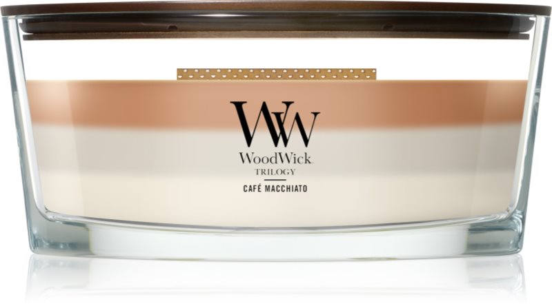 Woodwick Trilogy Café Macchiato lumânare parfumată cu fitil din lemn 453.6 g