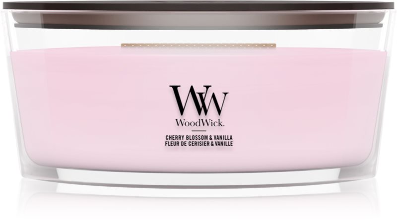 Woodwick Cherry Blossom & Vanilla lumânare parfumată cu fitil din lemn 453.6 g