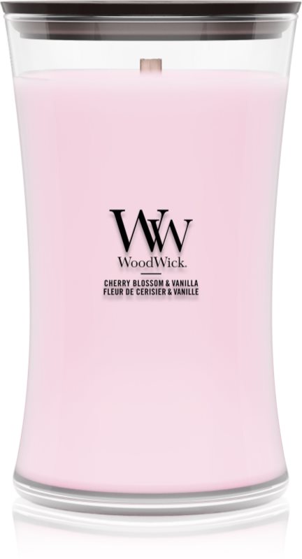 Woodwick Cherry Blossom & Vanilla lumânare parfumată cu fitil din lemn