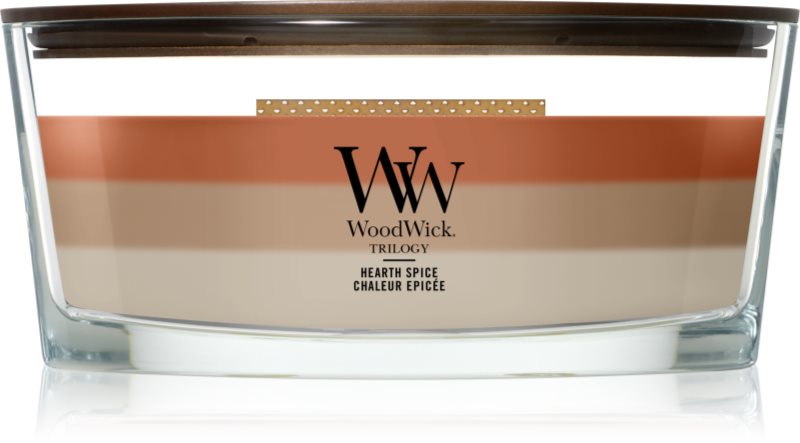 Woodwick Trilogy Hearth Spice lumânare parfumată cu fitil din lemn 453.6 g