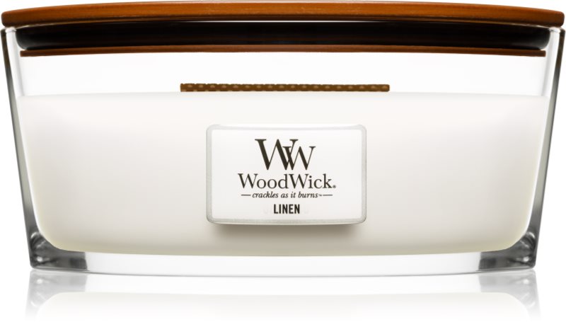 Woodwick Linen lumânare parfumată cu fitil din lemn (hearthwick) 453.6 g