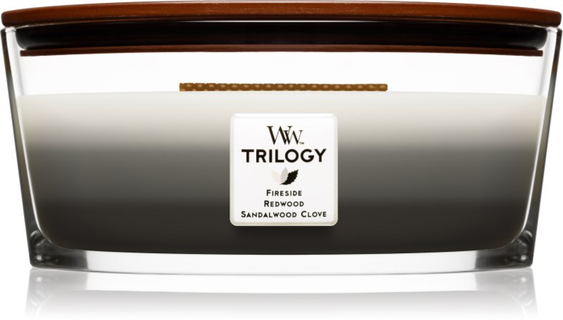 Woodwick Trilogy Warm Woods lumânare parfumată cu fitil din lemn (hearthwick) 453.6 g