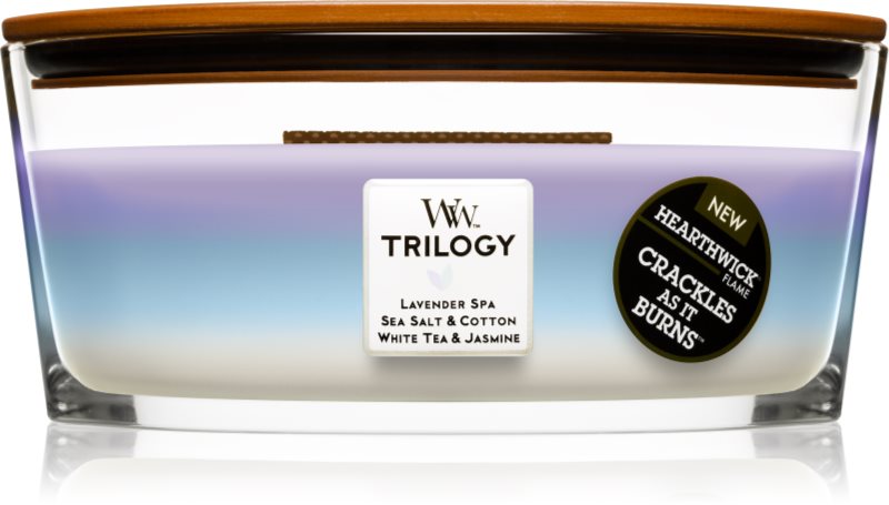 Woodwick Trilogy Calming Retreat lumânare parfumată cu fitil din lemn (hearthwick) 453.6 g