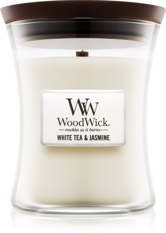 Woodwick White Tea & Jasmine lumânare parfumată cu fitil din lemn