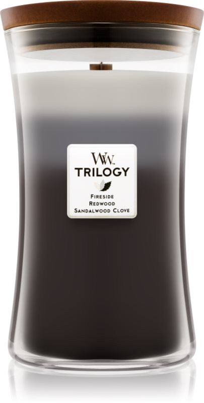 Woodwick Trilogy Warm Woods lumânare parfumată cu fitil din lemn 609.5 g