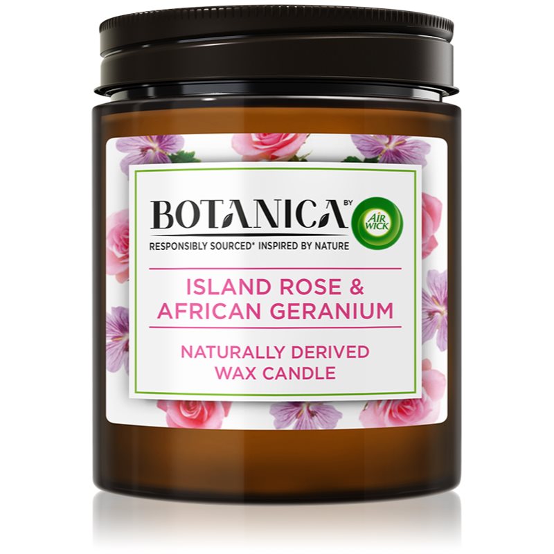 Air Wick Botanica Island Rose & African Geranium lumânare parfumată cu aromă de trandafiri 205 g