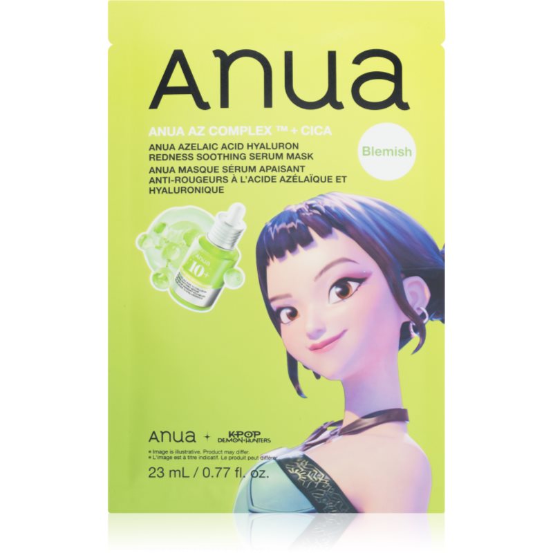Anua K-Pop Demon Hunters Azelaic Acid Hyaluron Redness Soothing Serum Mask mască textilă calmantă cu efect de hidratare 23 ml