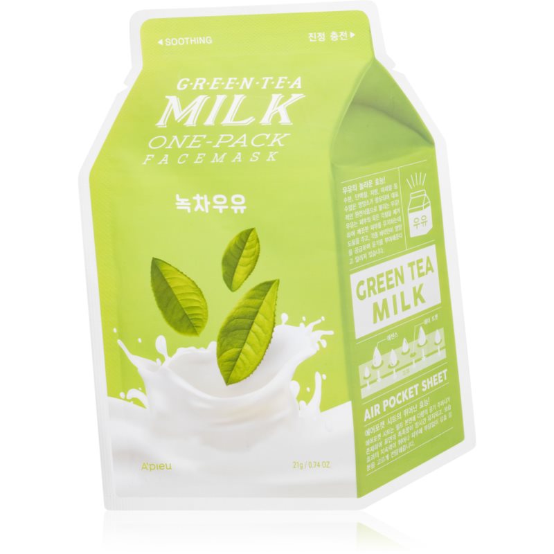 A’pieu One-Pack Milk Mask Green Tea mască textilă calmantă pentru ten gras și mixt