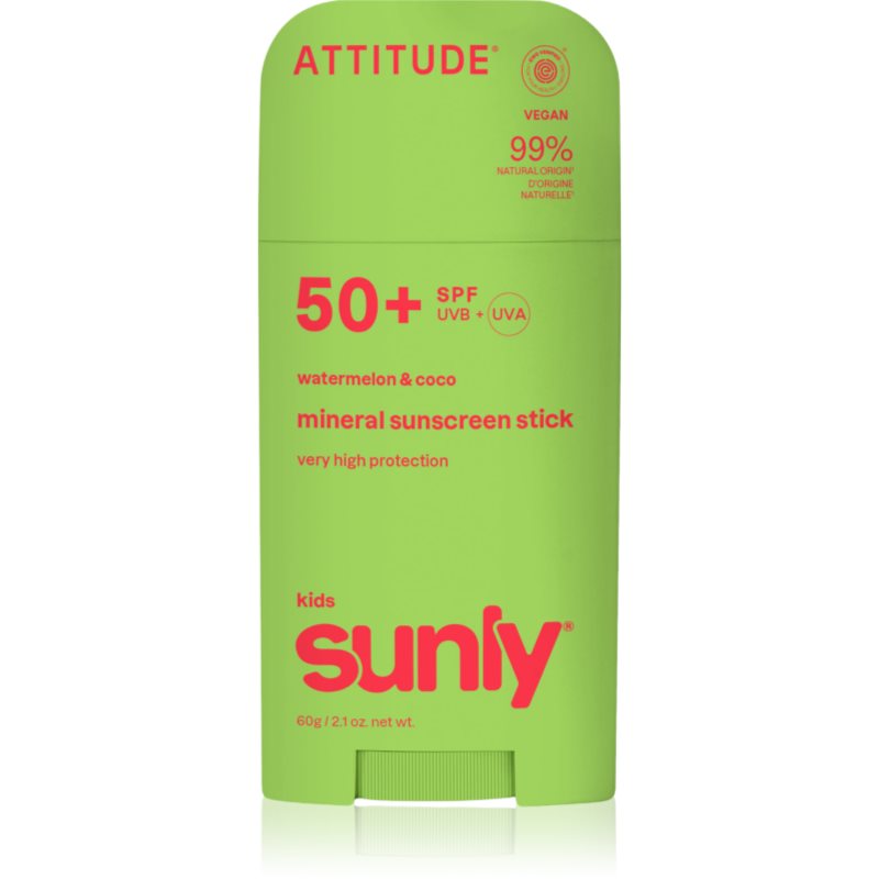 Attitude Sunly Kids Watermelon & Coco crema de fata cu minerale pentru protectie stick SPF 50+ 60 g