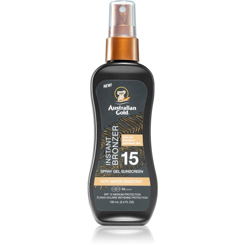 Australian Gold Instant Bronzer spray protector pentru plajă cu efect autobronzant SPF 15 100 ml