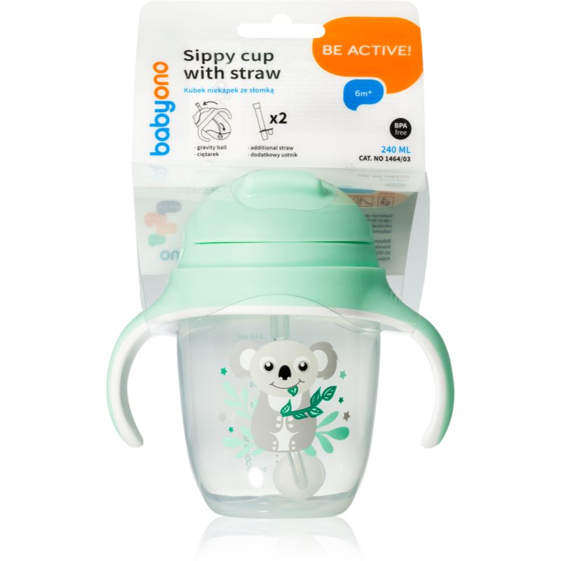 BabyOno Be Active Sippy Cup with Weighted Straw cană pentru antrenament cu pai 6 m+ Koala 240 ml