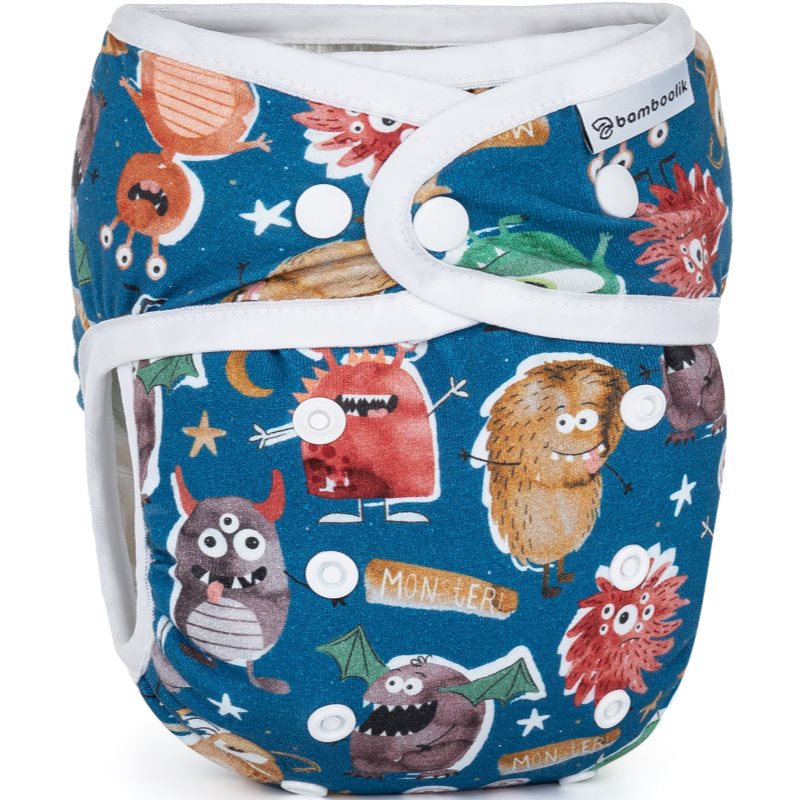 Bamboolik Night Fitted Diaper With Absorbing Insert Scutec Lavabil Tip Chilotel, Cu Insertie Absorbanta Cu Capse Monsters