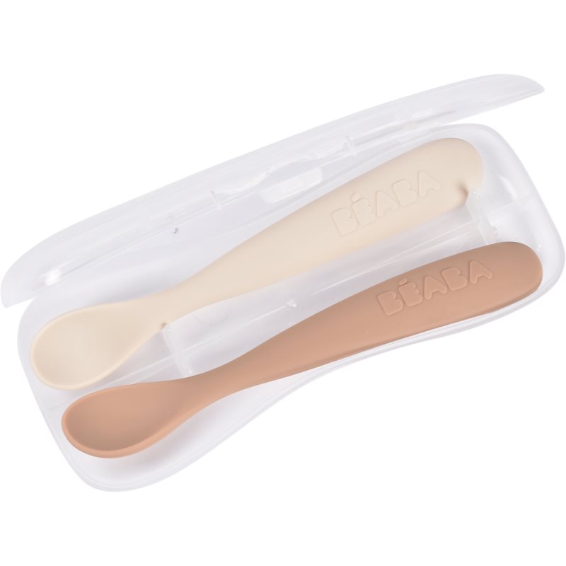 Beaba Set of 2 Ergonomic Spoons linguriță cu sac Clay Praline 4m+ 2 buc