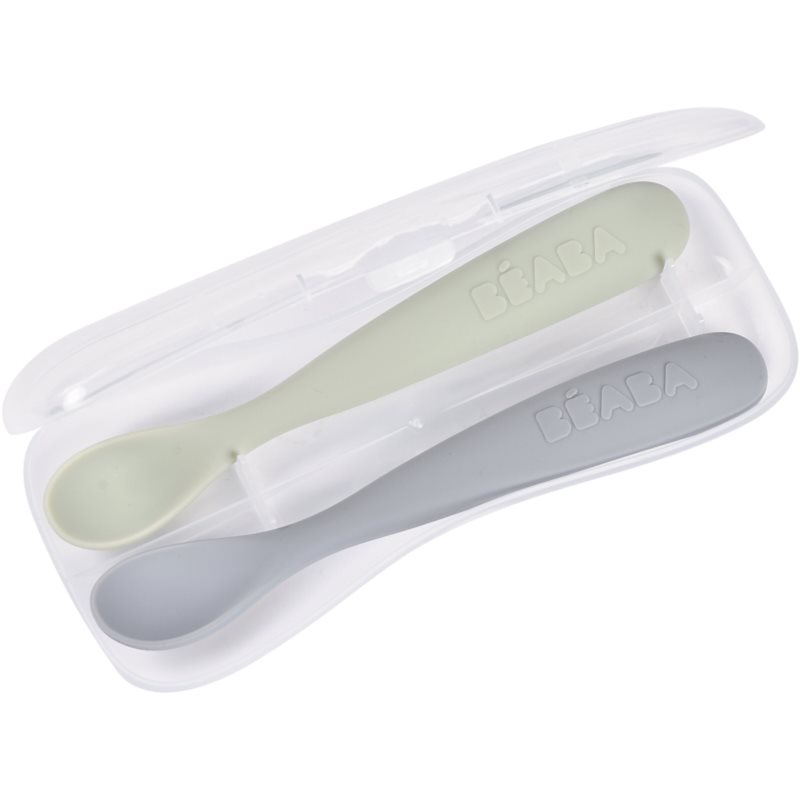 Beaba Set of 2 Ergonomic Spoons linguriță cu sac Pebble Green 4m+ 2 buc