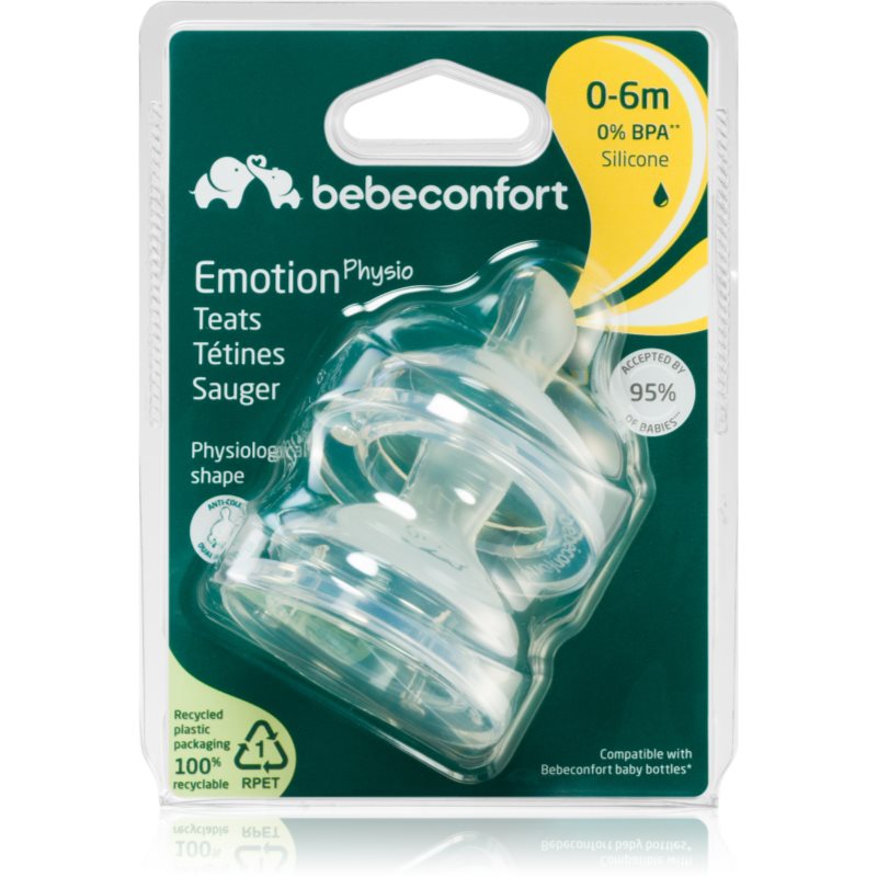 Bebeconfort Emotion Physio Slow Flow tetină pentru biberon 0-6 m 2 buc