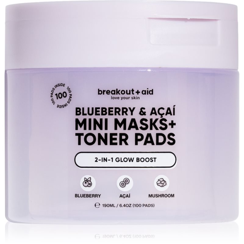 breakout + aid Mini Masks+Toner Pads Bluberry & Acai dischete de tonifiere pentru luminozitate si hidratare 100 ml