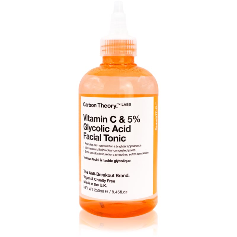 Carbon Theory SupaVIT-C 5% Glycolic &amp; Vitamin C solutie tonica cu efect de iluminare împotriva acneei, a roșeții și a cicatricilor post-acnee 250 ml