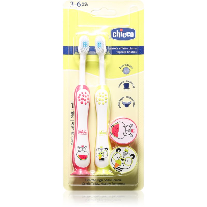 Chicco Toothbrush Set 3-6 y+ periuță de dinți pentru copii, cu suport Hippo-Panda