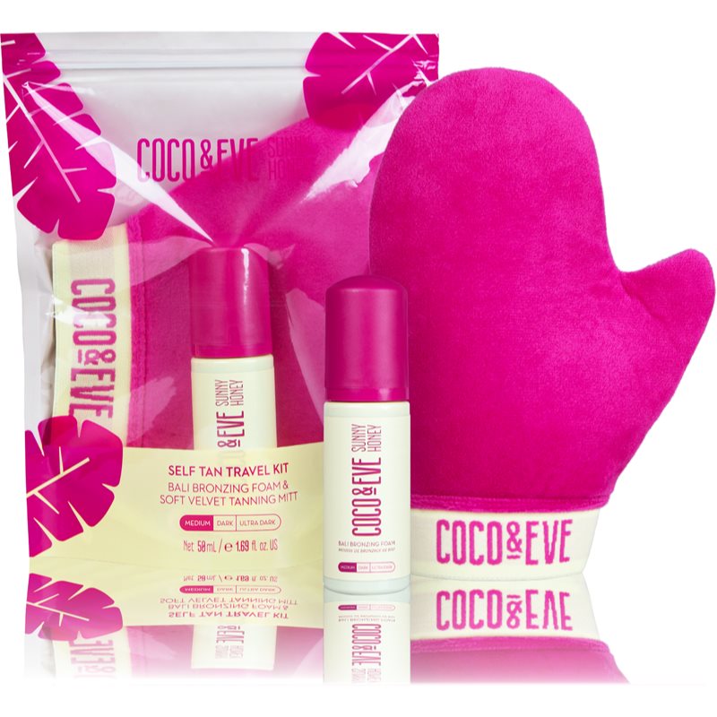 Coco & Eve Sunny Honey Ultimate Glow Travel Kit spumă auto-bronzantă cu mănușă aplicatoare pachet pentru calatorie Medium 60 ml