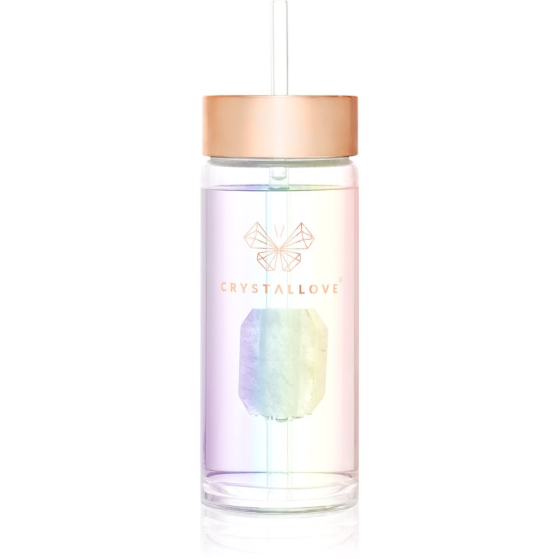 Crystallove Straw Water Bottle sticlă pentru apă cu pai Hologram - Clear Quartz 400 ml