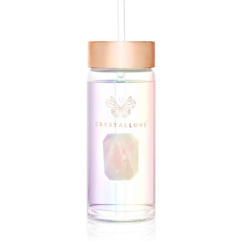 Crystallove Straw Water Bottle sticlă pentru apă cu pai Hologram - Rose Quartz 400 ml