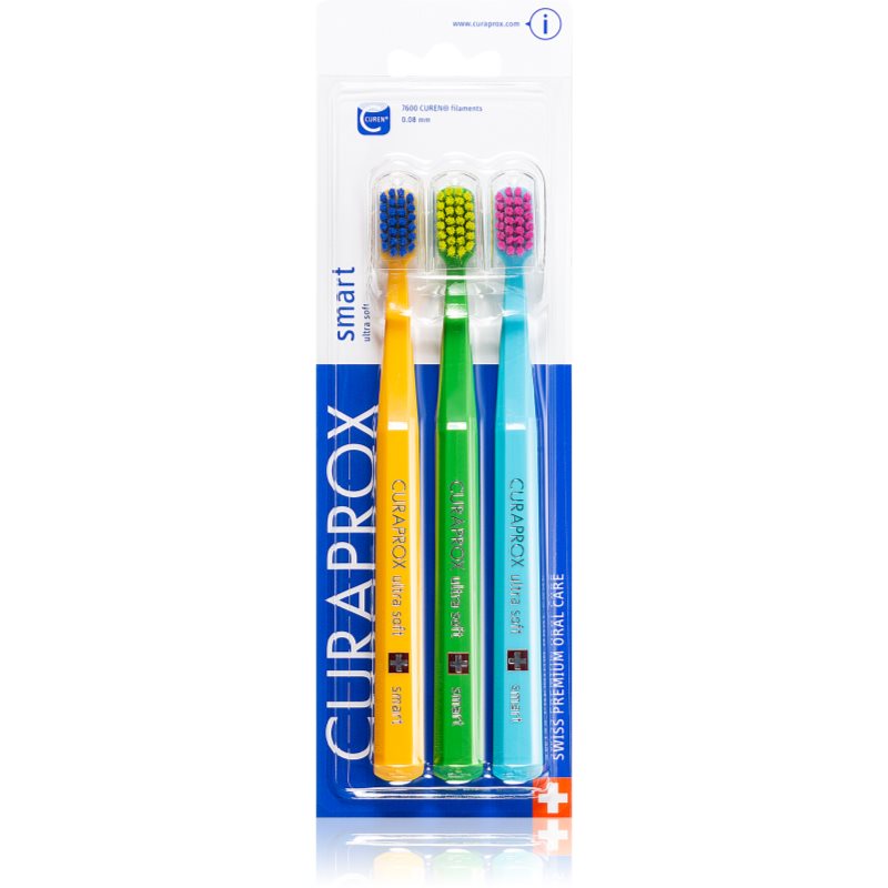 Curaprox 7600 Smart Ultra Soft Periuța de dinți cu un cap scurt ultra moale 0,08 mm 3 buc
