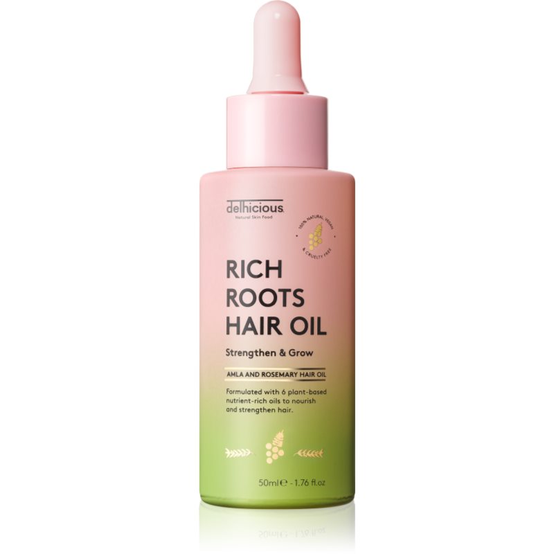 delhicious RICH ROOTS AMLA & ROSEMARY HAIR OIL ulei hidratant si catifelant pentru un scalp uscat, atenueaza senzatia de mancarime 50 ml